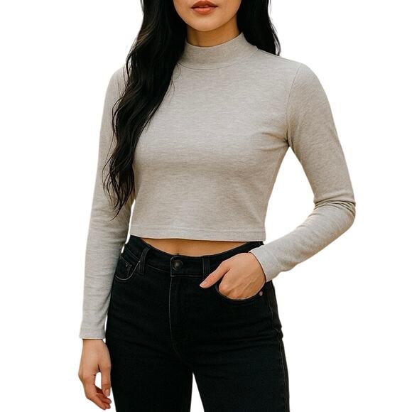 TNA Cropped Stretch Sweater Womens XS Beige‎ Cozycore Minimalist Office Classic - Picture 1 of 6